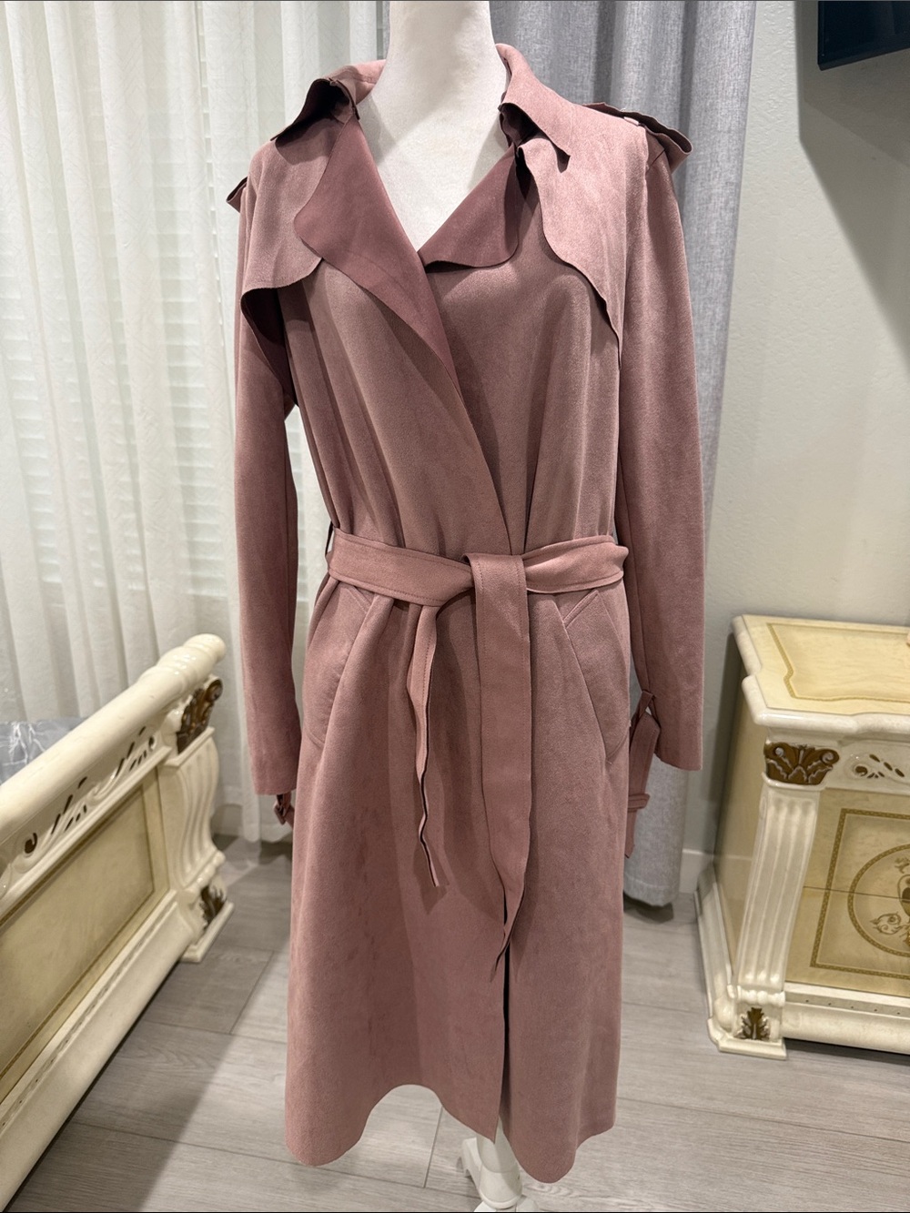 Women's Dusty Rose Belted Trench Coat Blazer